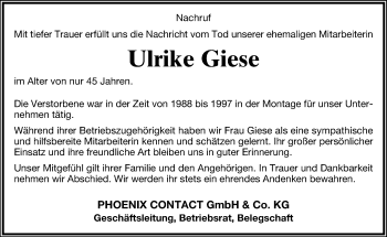 Anzeige  Ulrike Giese  Lippische Landes-Zeitung