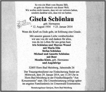 Anzeige  Gisela Schönlau  Lippische Landes-Zeitung