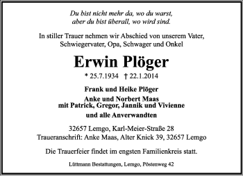 Anzeige  Erwin Plöger  Lippische Landes-Zeitung