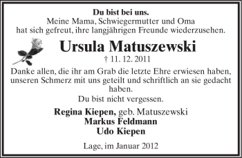 Anzeige  Ursula Matuszewski  Lippische Landes-Zeitung
