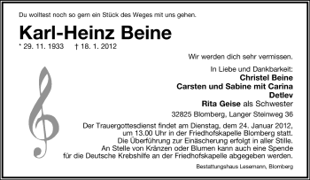 Anzeige  Karl-Heinz Beine  Lippische Landes-Zeitung