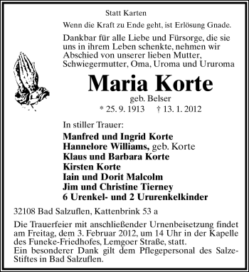 Anzeige  Maria Korte  Lippische Landes-Zeitung