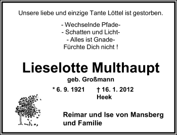 Anzeige  Lieselotte Multhaupt  Lippische Landes-Zeitung