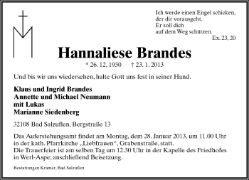 Anzeige  Hannaliese Brandes  Lippische Landes-Zeitung