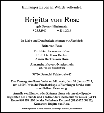Anzeige  Brigitta von Rose  Lippische Landes-Zeitung