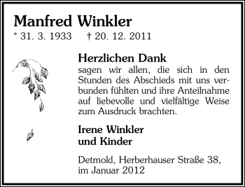 Anzeige  Manfred Winkler  Lippische Landes-Zeitung