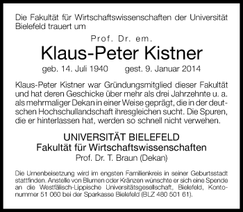 Anzeige  Klaus-Peter Kistner  Lippische Landes-Zeitung