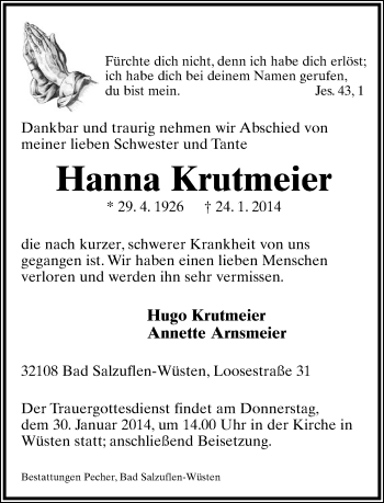 Anzeige  Hanna Krutmeier  Lippische Landes-Zeitung