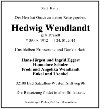 Anzeige  Hedwig Wendlandt  Lippische Landes-Zeitung