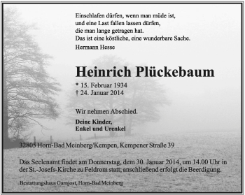 Anzeige  Heinrich Plückebaum  Lippische Landes-Zeitung