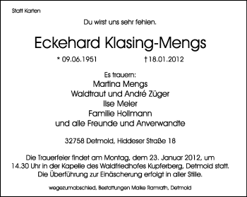 Anzeige  Eckehard Klasing-Mengs  Lippische Landes-Zeitung