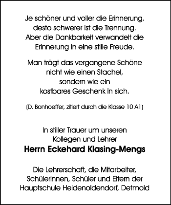 Anzeige  Eckehard Klasing-Mengs  Lippische Landes-Zeitung