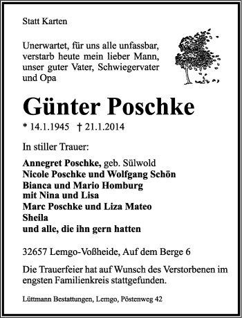 Anzeige  Günter Poschke  Lippische Landes-Zeitung