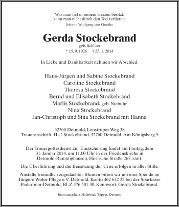 Anzeige  Gerda Stockebrand  Lippische Landes-Zeitung