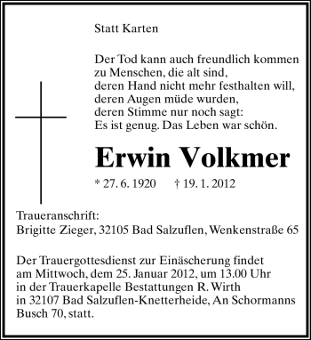 Anzeige  Erwin Volkmer  Lippische Landes-Zeitung