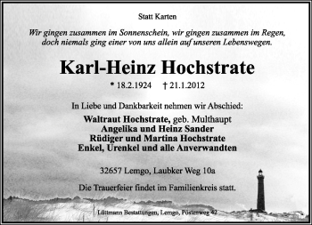 Anzeige  Karl-Heinz Hochstrate  Lippische Landes-Zeitung