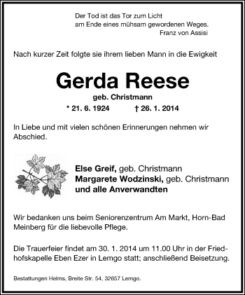 Anzeige  Gerda Reese  Lippische Landes-Zeitung