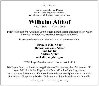 Anzeige  Wilhelm Althof  Lippische Landes-Zeitung