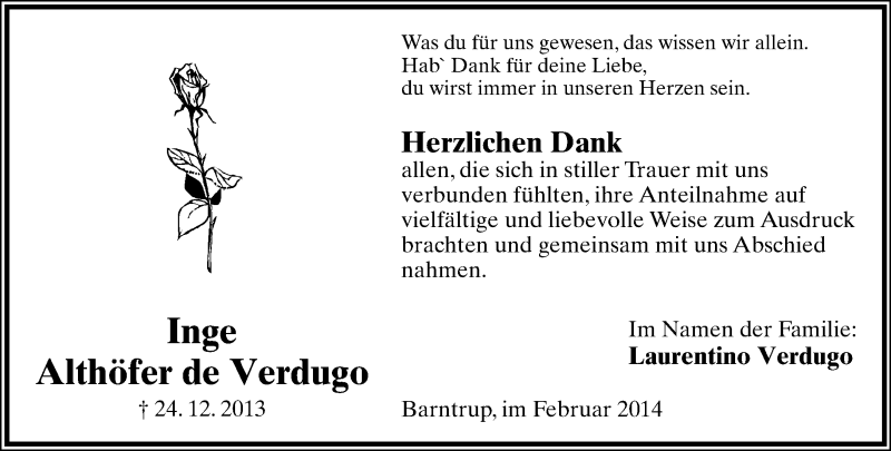  Traueranzeige für Inge Althöfer De Verdugo vom 01.02.2014 aus Lippische Landes-Zeitung