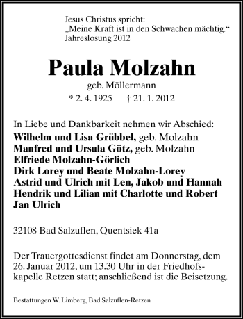 Anzeige  Paula Molzahn  Lippische Landes-Zeitung