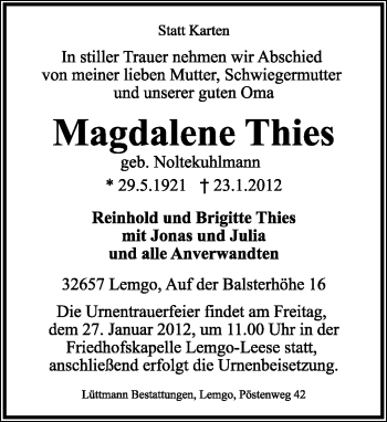 Anzeige  Magdalene Thies  Lippische Landes-Zeitung