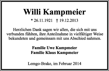 Anzeige  Willi Kampmeier  Lippische Landes-Zeitung