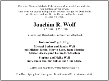 Anzeige  Joachim Wolf  Lippische Landes-Zeitung