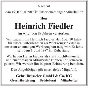 Anzeige  Heinrich Fiedler  Lippische Landes-Zeitung