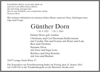 Anzeige  Günther Dorn  Lippische Landes-Zeitung