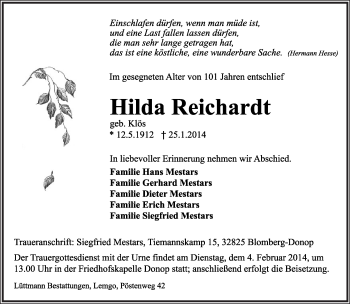 Anzeige  Hilda Reichardt  Lippische Landes-Zeitung
