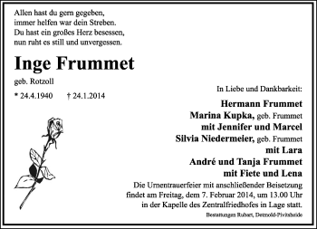 Anzeige  Inge Frummet  Lippische Landes-Zeitung
