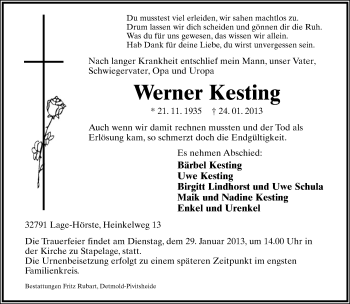 Anzeige  Werner Kesting  Lippische Landes-Zeitung