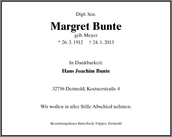 Anzeige  Margret Bunte  Lippische Landes-Zeitung