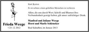 Anzeige  Frieda Weege  Lippische Landes-Zeitung