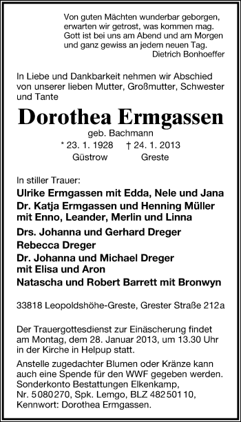 Anzeige  Dorothea Ermgassen  Lippische Landes-Zeitung