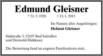Anzeige  Edmund Gleisner  Lippische Landes-Zeitung