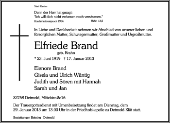 Anzeige  Elfriede Brand  Lippische Landes-Zeitung