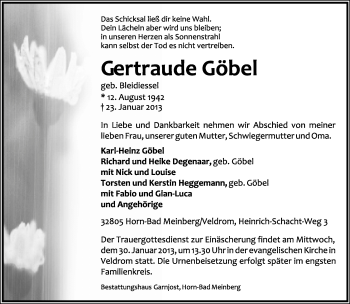 Anzeige  Gertraude Göbel  Lippische Landes-Zeitung