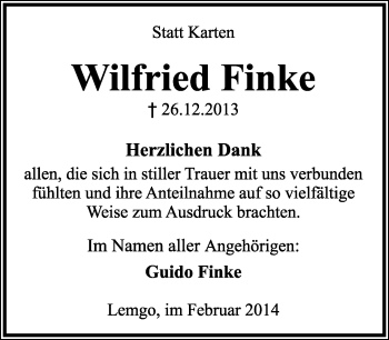 Anzeige  Wilfried Finke  Lippische Landes-Zeitung