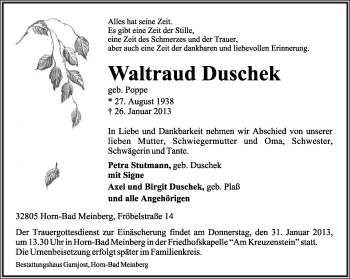 Anzeige  Waltraud Duschek  Lippische Landes-Zeitung