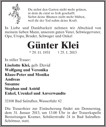 Anzeige  Günter Klei  Lippische Landes-Zeitung