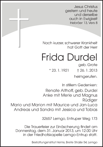 Anzeige  Frida Durdel  Lippische Landes-Zeitung