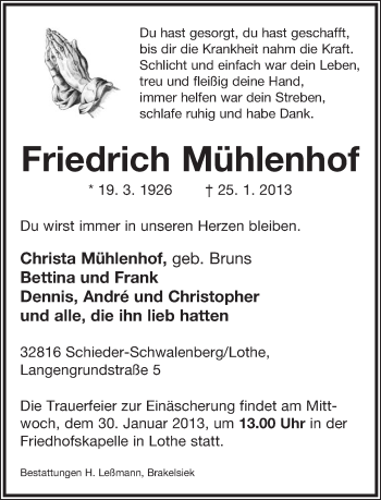 Anzeige  Friedrich Mühlenhof  Lippische Landes-Zeitung