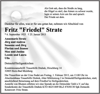 Anzeige  Fritz Strate  Lippische Landes-Zeitung