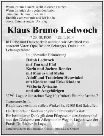 Anzeige  Klaus Bruno Ledwoch  Lippische Landes-Zeitung