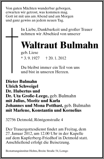 Anzeige  Waltraut Bulmahn  Lippische Landes-Zeitung
