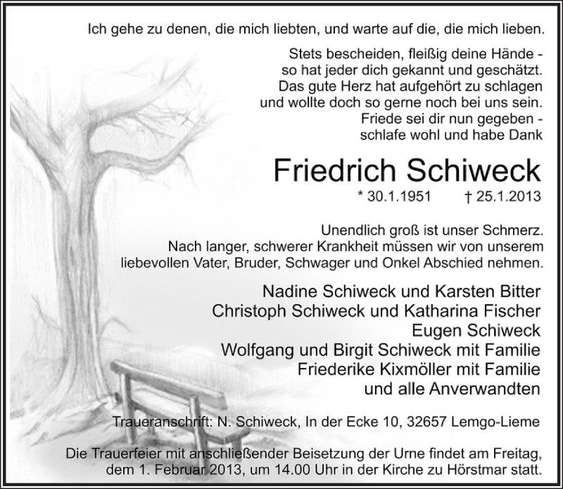  Traueranzeige für Friedrich Schiweck vom 29.01.2013 aus Lippische Landes-Zeitung