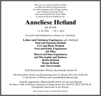 Anzeige  Anneliese Hetland  Lippische Landes-Zeitung