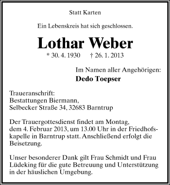 Anzeige  Lothar Weber  Lippische Landes-Zeitung