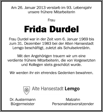 Anzeige  Frida Durdel  Lippische Landes-Zeitung